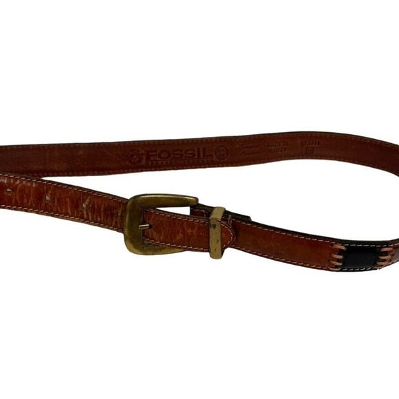 FOSSIL Belt Women's Medium Two Tone Brown Stitch Leather Metal Buckle - Picture 2 of 10